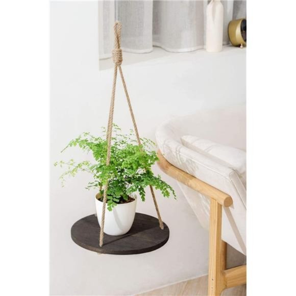 Hanging Plant Shelf Round Wood Rope Hanging Floating Shelf Vintage Home Decor - Picture 6 of 6